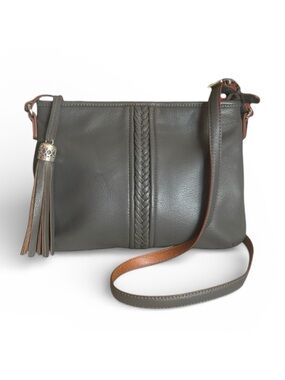 Brighton Grey with Tan Leather Crossbody Bag with Braided Accent and Tassel